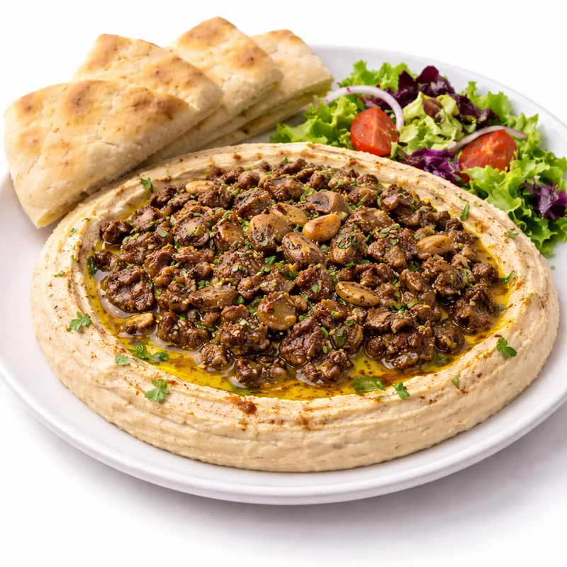 Hummus & Jauheliha — hummus maustetun jauheliha kanssa Fudis House Espoossa