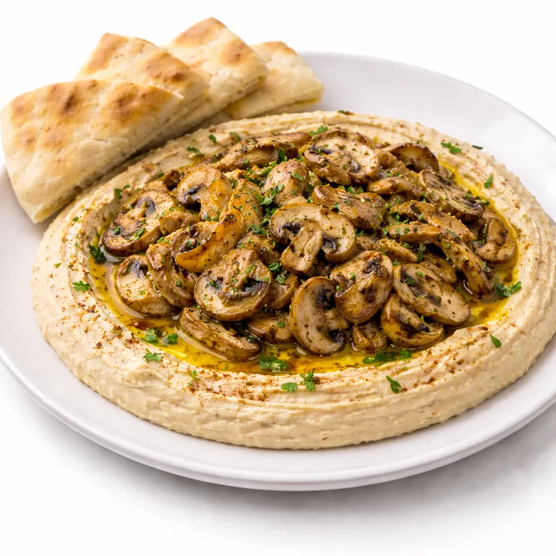 Hummus & Sienet — hummus paistettujen sienten kanssa Fudis House Espoossa